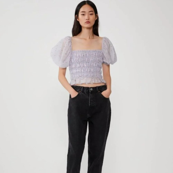 ZARA Polka Dot Organza Top Blouse Smocked Puff Sleeve - Picture 2 of 10